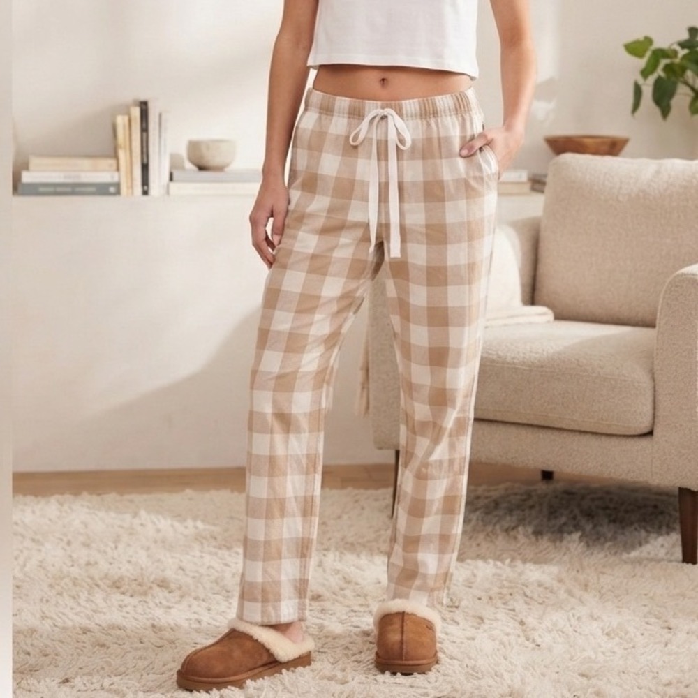 Old Navy Womens XL Pajama Pants Tan White‎ Buffalo Plaid Cotton Flannel Lounge